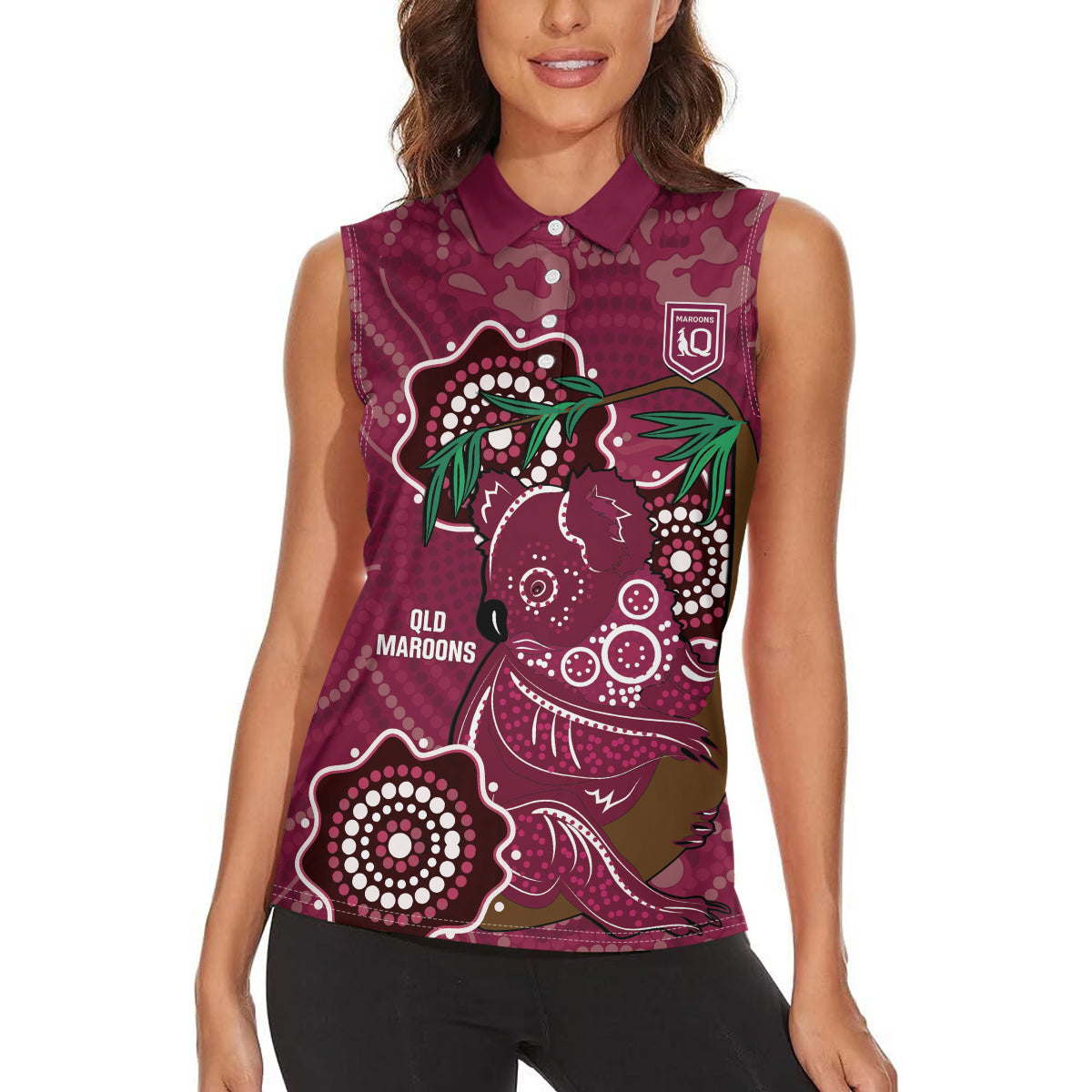 Custom Queensland Maroons Rugby Women Sleeveless Polo Shirt 2024 Koala Mix Aboriginal Art