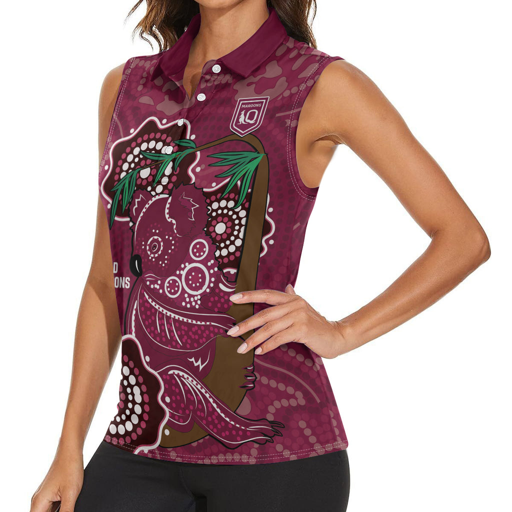 Custom Queensland Maroons Rugby Women Sleeveless Polo Shirt 2024 Koala Mix Aboriginal Art