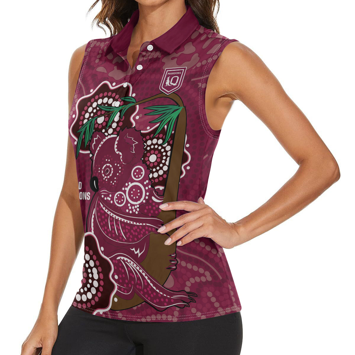 Custom Queensland Maroons Rugby Women Sleeveless Polo Shirt 2024 Koala Mix Aboriginal Art