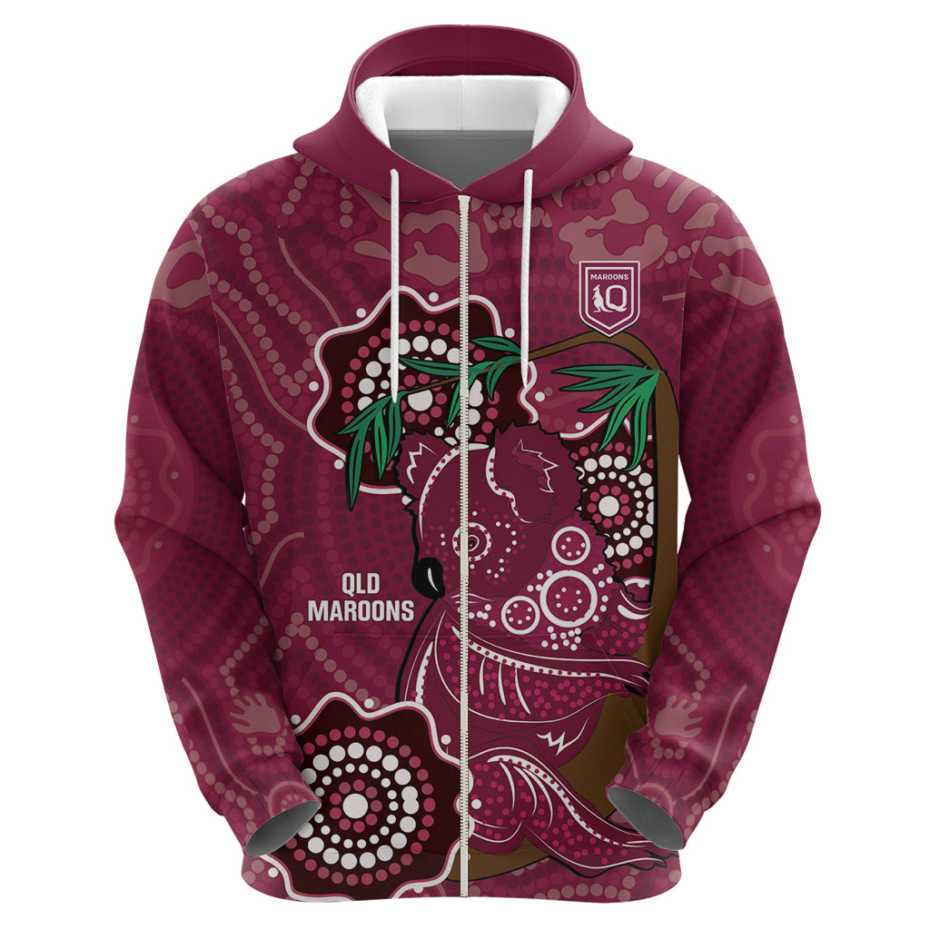 Custom Queensland Maroons Rugby Zip Hoodie 2024 Koala Mix Aboriginal Art