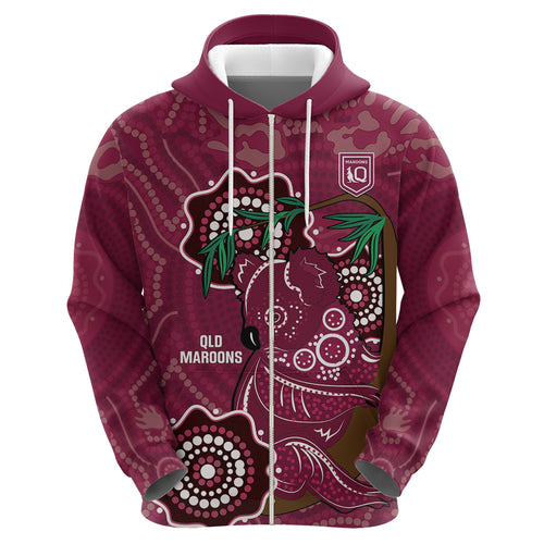 Custom Queensland Maroons Rugby Zip Hoodie 2024 Koala Mix Aboriginal Art
