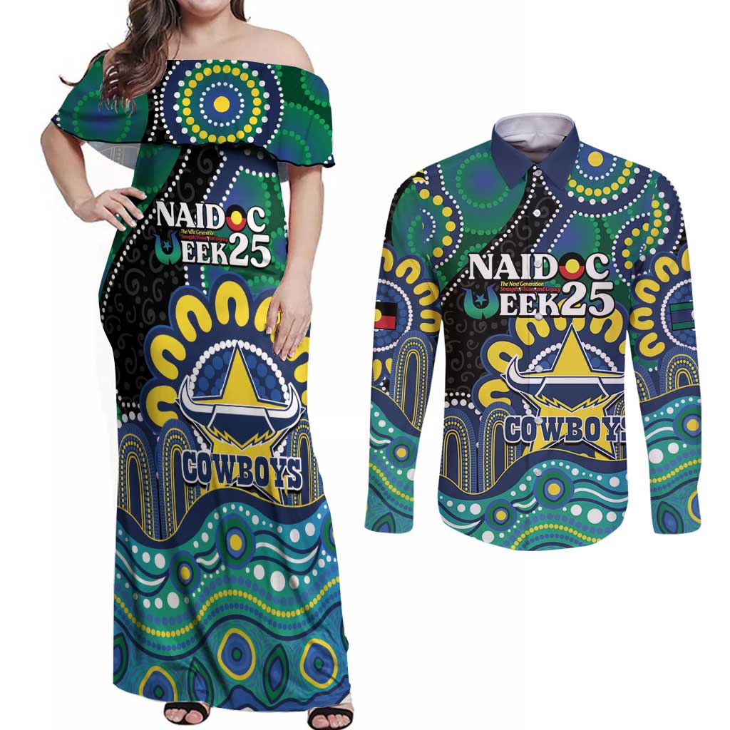 Custom NAIDOC Week 2025 Cowboys Couples Matching Off Shoulder Maxi Dress and Long Sleeve Button Shirt Indigenous Art