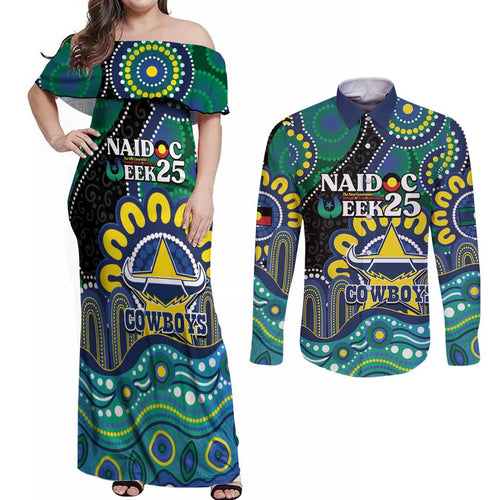 Custom NAIDOC Week 2025 Cowboys Couples Matching Off Shoulder Maxi Dress and Long Sleeve Button Shirt Indigenous Art