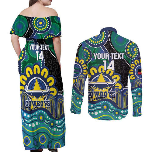 Custom NAIDOC Week 2025 Cowboys Couples Matching Off Shoulder Maxi Dress and Long Sleeve Button Shirt Indigenous Art