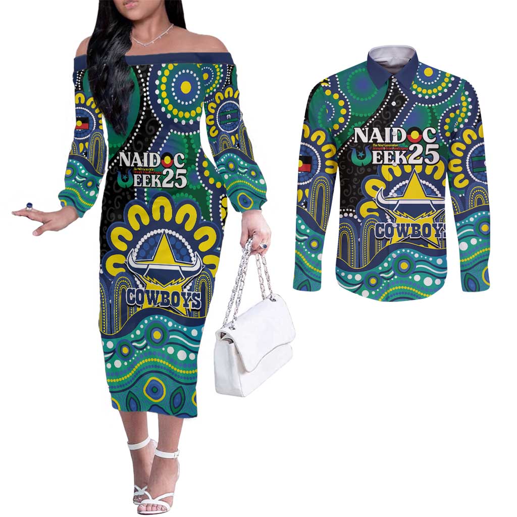 Custom NAIDOC Week 2025 Cowboys Couples Matching Off The Shoulder Long Sleeve Dress and Long Sleeve Button Shirt Indigenous Art