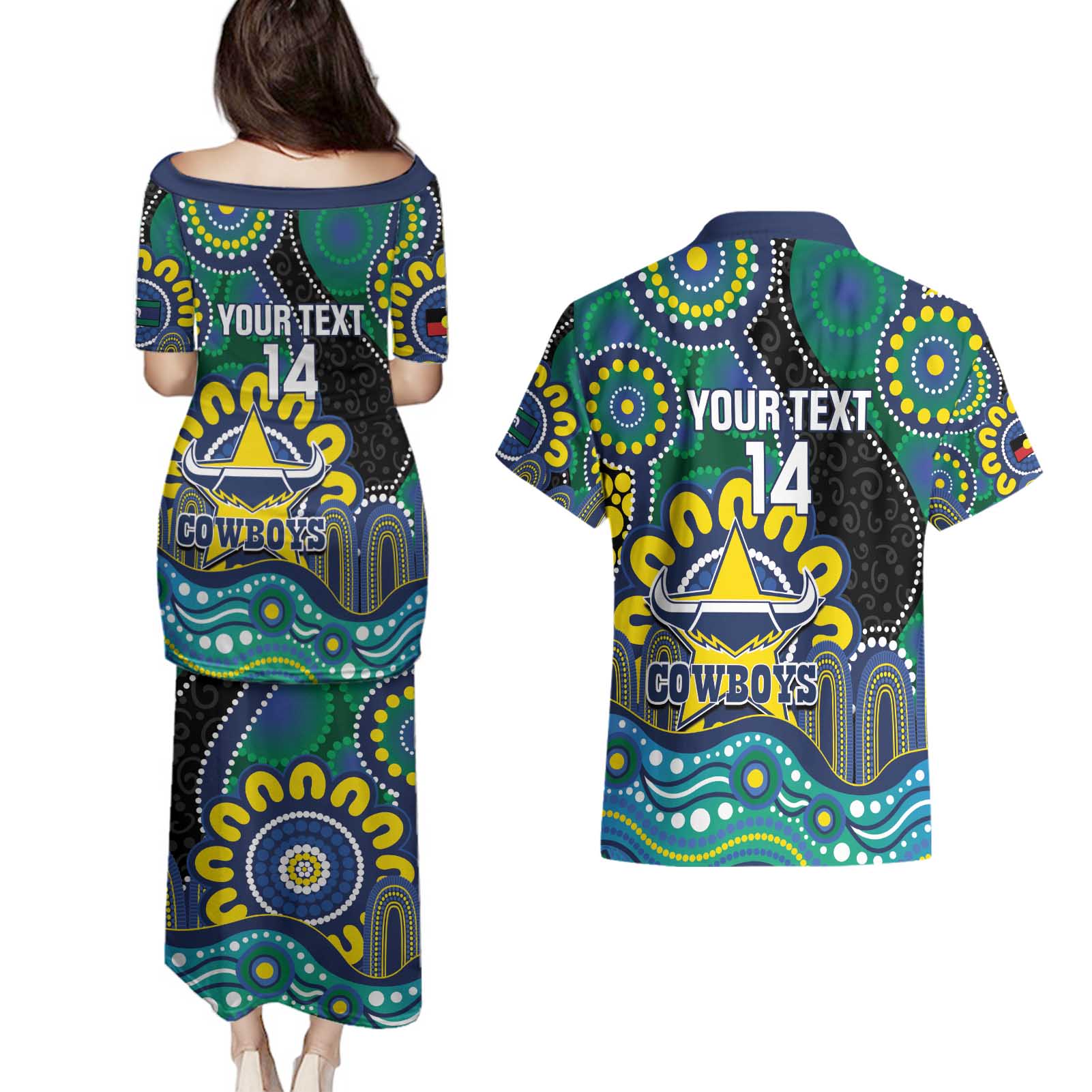 Custom NAIDOC Week 2025 Cowboys Couples Matching Puletasi and Hawaiian Shirt Indigenous Art