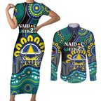 Custom NAIDOC Week 2025 Cowboys Couples Matching Short Sleeve Bodycon Dress and Long Sleeve Button Shirt Indigenous Art