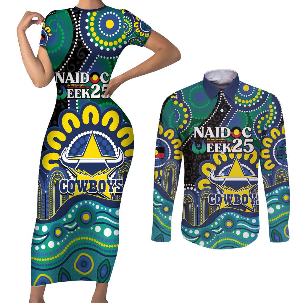 Custom NAIDOC Week 2025 Cowboys Couples Matching Short Sleeve Bodycon Dress and Long Sleeve Button Shirt Indigenous Art