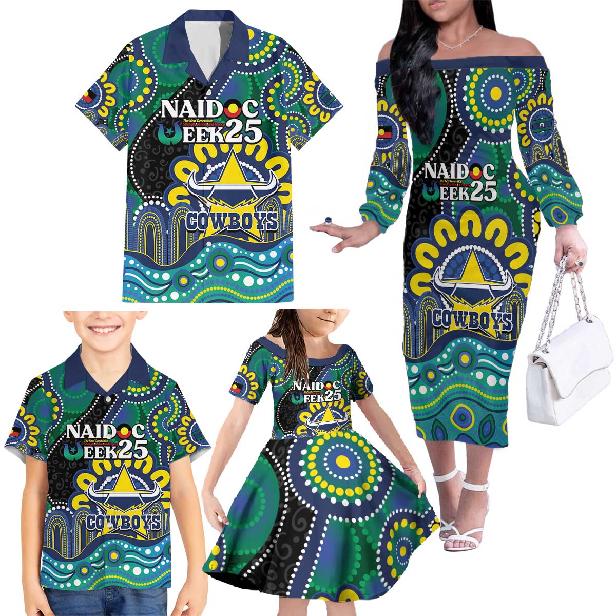 Custom NAIDOC Week 2025 Cowboys Family Matching Off The Shoulder Long Sleeve Dress and Hawaiian Shirt Indigenous Art