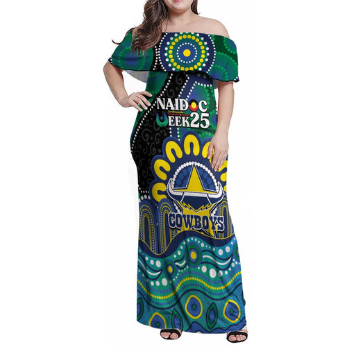 Custom NAIDOC Week 2025 Cowboys Family Matching Off Shoulder Maxi Dress and Hawaiian Shirt Indigenous Art