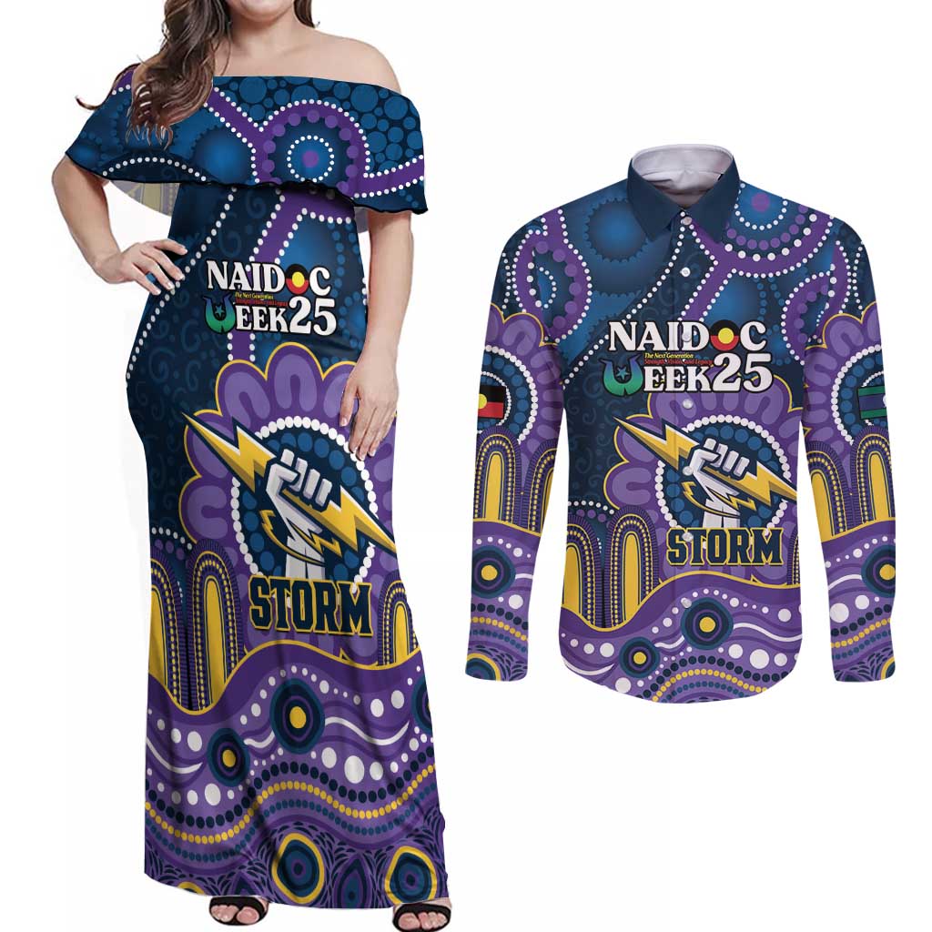 Custom NAIDOC Week 2025 Storm Couples Matching Off Shoulder Maxi Dress and Long Sleeve Button Shirt Melbourne Indigenous Art