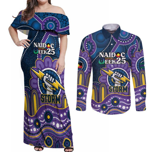 Custom NAIDOC Week 2025 Storm Couples Matching Off Shoulder Maxi Dress and Long Sleeve Button Shirt Melbourne Indigenous Art