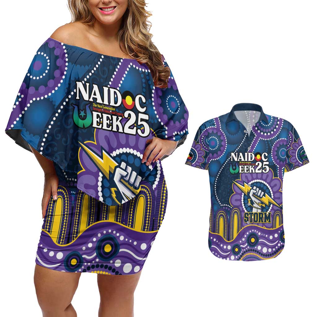 Custom NAIDOC Week 2025 Storm Couples Matching Off Shoulder Short Dress and Hawaiian Shirt Melbourne Indigenous Art