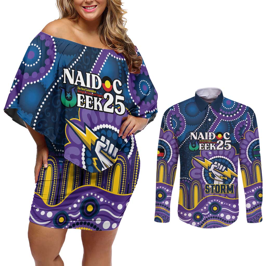 Custom NAIDOC Week 2025 Storm Couples Matching Off Shoulder Short Dress and Long Sleeve Button Shirt Melbourne Indigenous Art