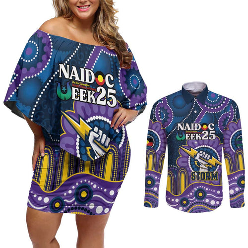 Custom NAIDOC Week 2025 Storm Couples Matching Off Shoulder Short Dress and Long Sleeve Button Shirt Melbourne Indigenous Art