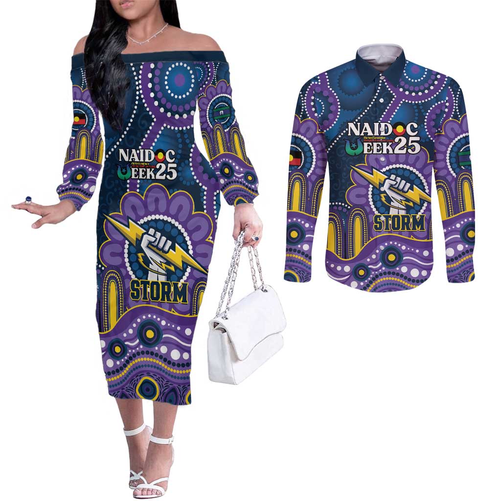Custom NAIDOC Week 2025 Storm Couples Matching Off The Shoulder Long Sleeve Dress and Long Sleeve Button Shirt Melbourne Indigenous Art