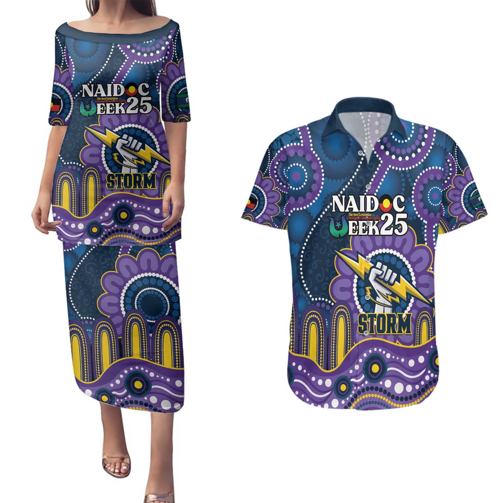 Custom NAIDOC Week 2025 Storm Couples Matching Puletasi and Hawaiian Shirt Melbourne Indigenous Art