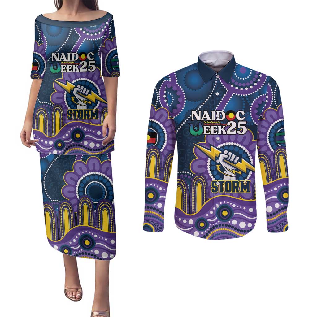 Custom NAIDOC Week 2025 Storm Couples Matching Puletasi and Long Sleeve Button Shirt Melbourne Indigenous Art