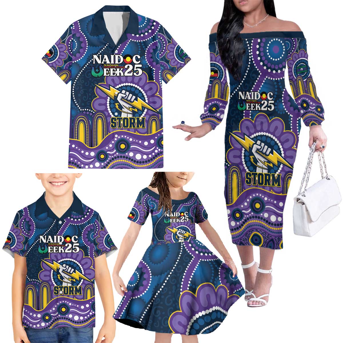 Custom NAIDOC Week 2025 Storm Family Matching Off The Shoulder Long Sleeve Dress and Hawaiian Shirt Melbourne Indigenous Art