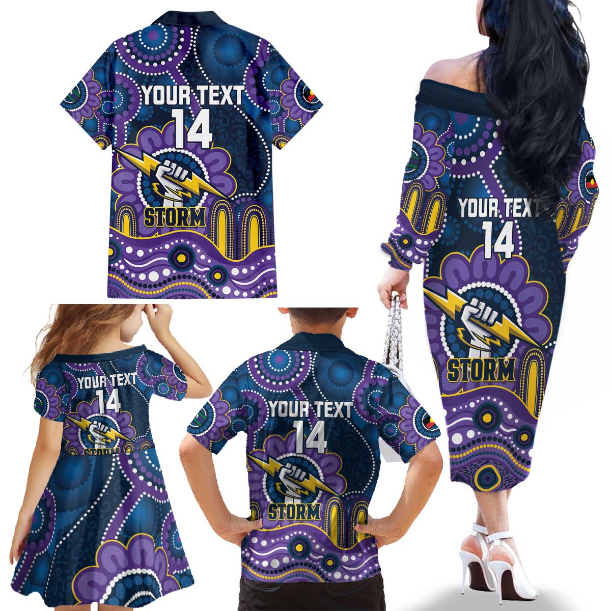 Custom NAIDOC Week 2025 Storm Family Matching Off The Shoulder Long Sleeve Dress and Hawaiian Shirt Melbourne Indigenous Art