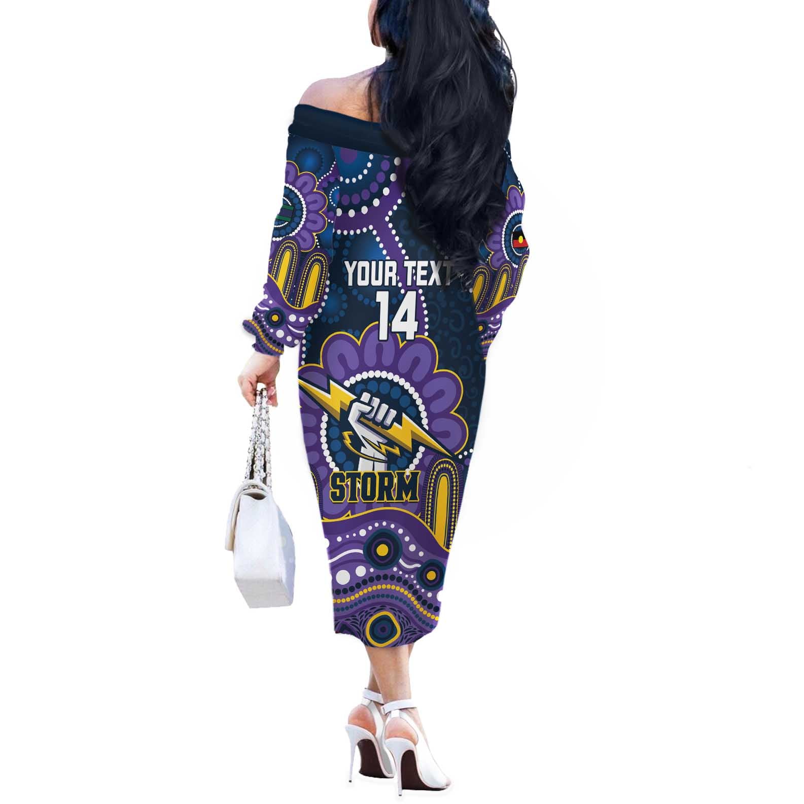 Custom NAIDOC Week 2025 Storm Off The Shoulder Long Sleeve Dress Melbourne Indigenous Art