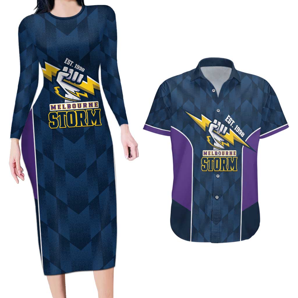 NRL Storm Rugby 2025 Custom Couples Matching Long Sleeve Bodycon Dress and Hawaiian Shirt Est 1998 Sporty Style