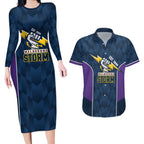 NRL Storm Rugby 2025 Custom Couples Matching Long Sleeve Bodycon Dress and Hawaiian Shirt Est 1998 Sporty Style