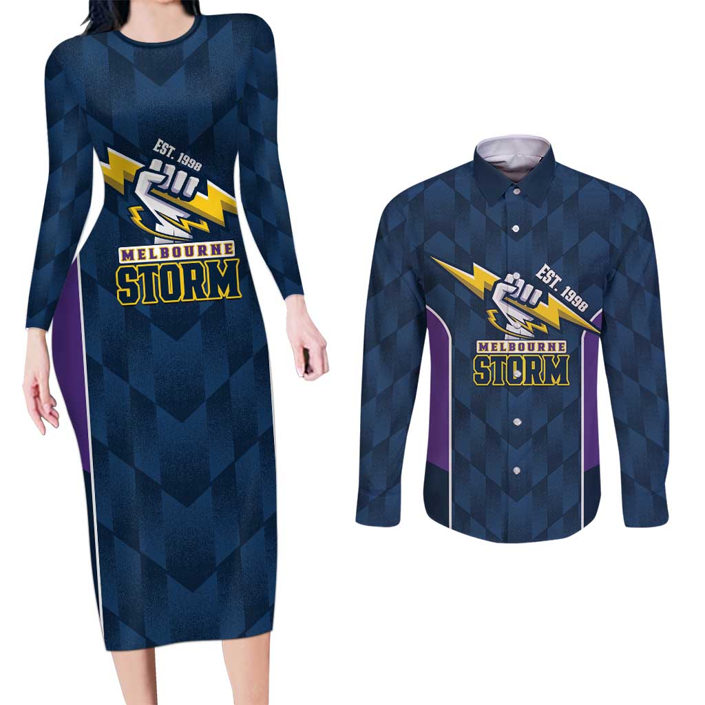 NRL Storm Rugby 2025 Custom Couples Matching Long Sleeve Bodycon Dress and Long Sleeve Button Shirt Est 1998 Sporty Style
