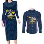 NRL Storm Rugby 2025 Custom Couples Matching Long Sleeve Bodycon Dress and Long Sleeve Button Shirt Est 1998 Sporty Style