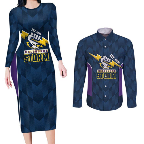 NRL Storm Rugby 2025 Custom Couples Matching Long Sleeve Bodycon Dress and Long Sleeve Button Shirt Est 1998 Sporty Style