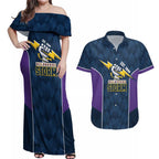 NRL Storm Rugby 2025 Custom Couples Matching Off Shoulder Maxi Dress and Hawaiian Shirt Est 1998 Sporty Style