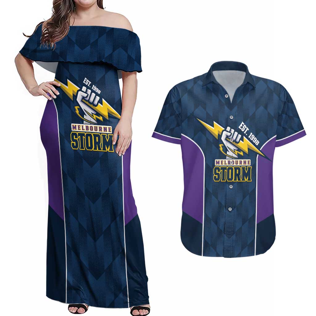 NRL Storm Rugby 2025 Custom Couples Matching Off Shoulder Maxi Dress and Hawaiian Shirt Est 1998 Sporty Style