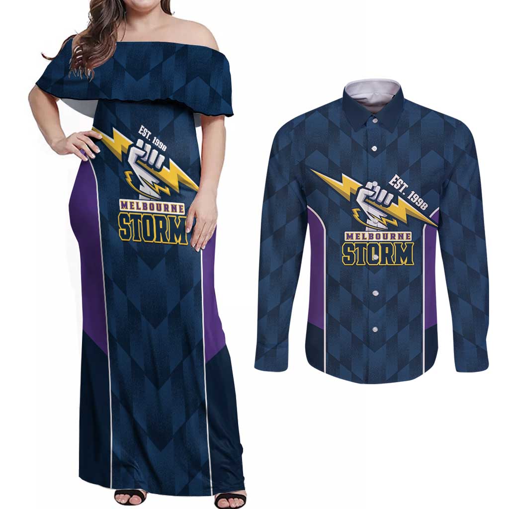 NRL Storm Rugby 2025 Custom Couples Matching Off Shoulder Maxi Dress and Long Sleeve Button Shirt Est 1998 Sporty Style