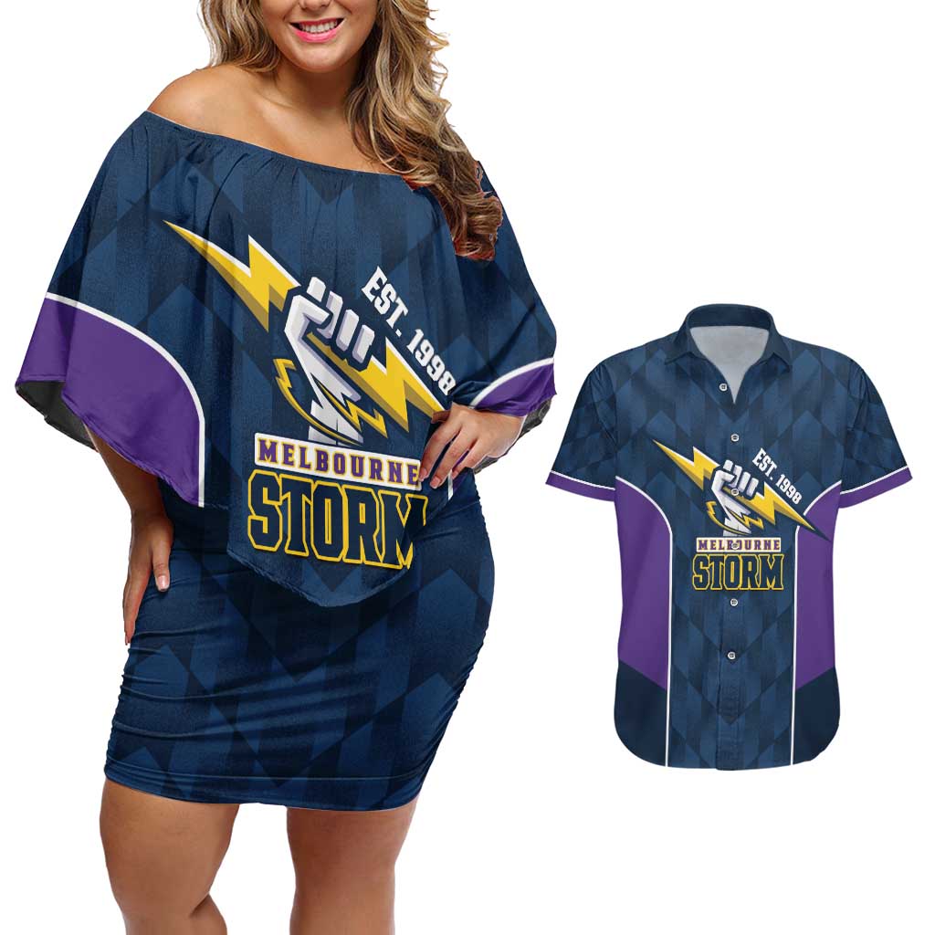 NRL Storm Rugby 2025 Custom Couples Matching Off Shoulder Short Dress and Hawaiian Shirt Est 1998 Sporty Style