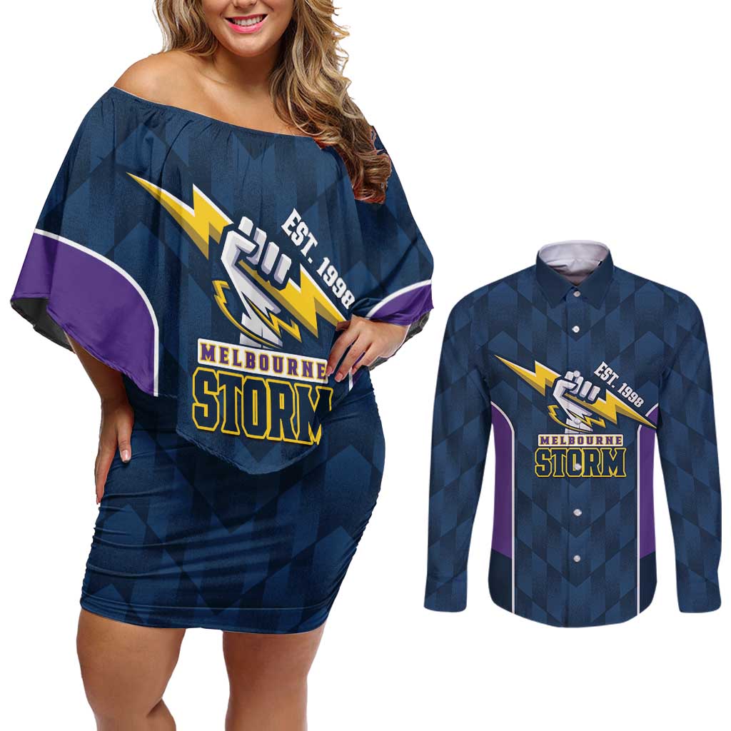 NRL Storm Rugby 2025 Custom Couples Matching Off Shoulder Short Dress and Long Sleeve Button Shirt Est 1998 Sporty Style