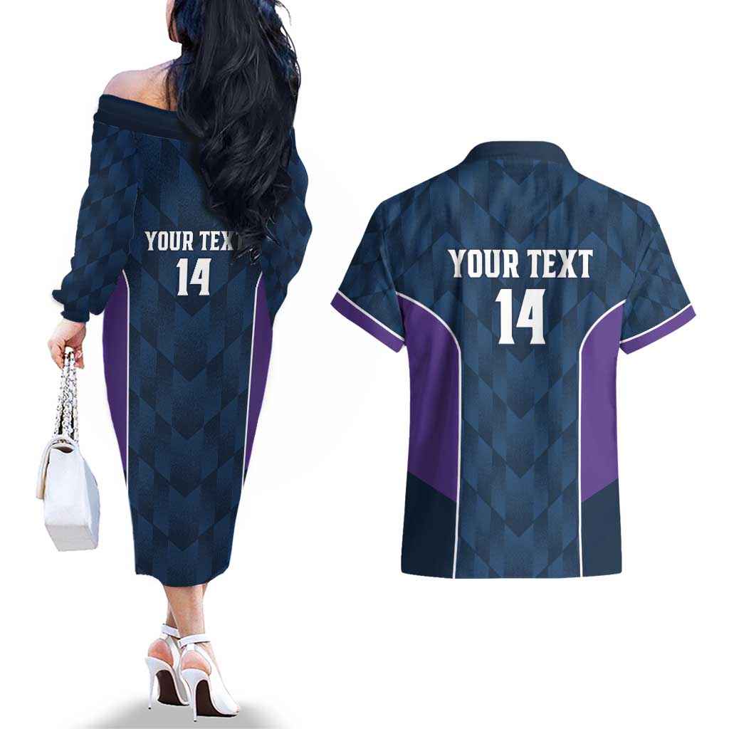 NRL Storm Rugby 2025 Custom Couples Matching Off The Shoulder Long Sleeve Dress and Hawaiian Shirt Est 1998 Sporty Style