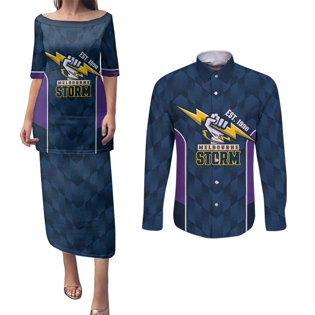 NRL Storm Rugby 2025 Custom Couples Matching Puletasi and Long Sleeve Button Shirt Est 1998 Sporty Style