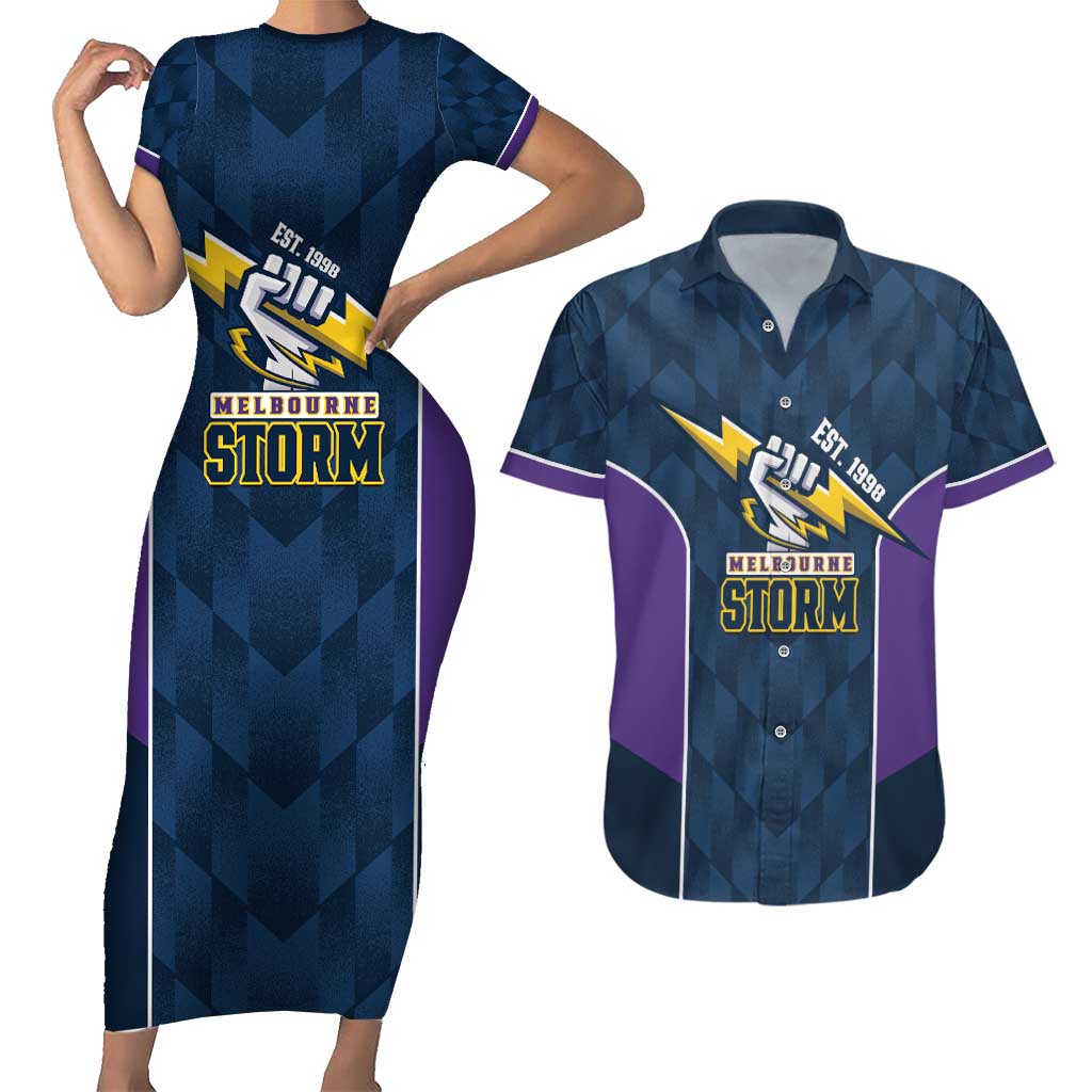 NRL Storm Rugby 2025 Custom Couples Matching Short Sleeve Bodycon Dress and Hawaiian Shirt Est 1998 Sporty Style
