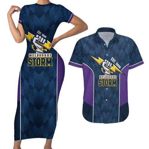 NRL Storm Rugby 2025 Custom Couples Matching Short Sleeve Bodycon Dress and Hawaiian Shirt Est 1998 Sporty Style