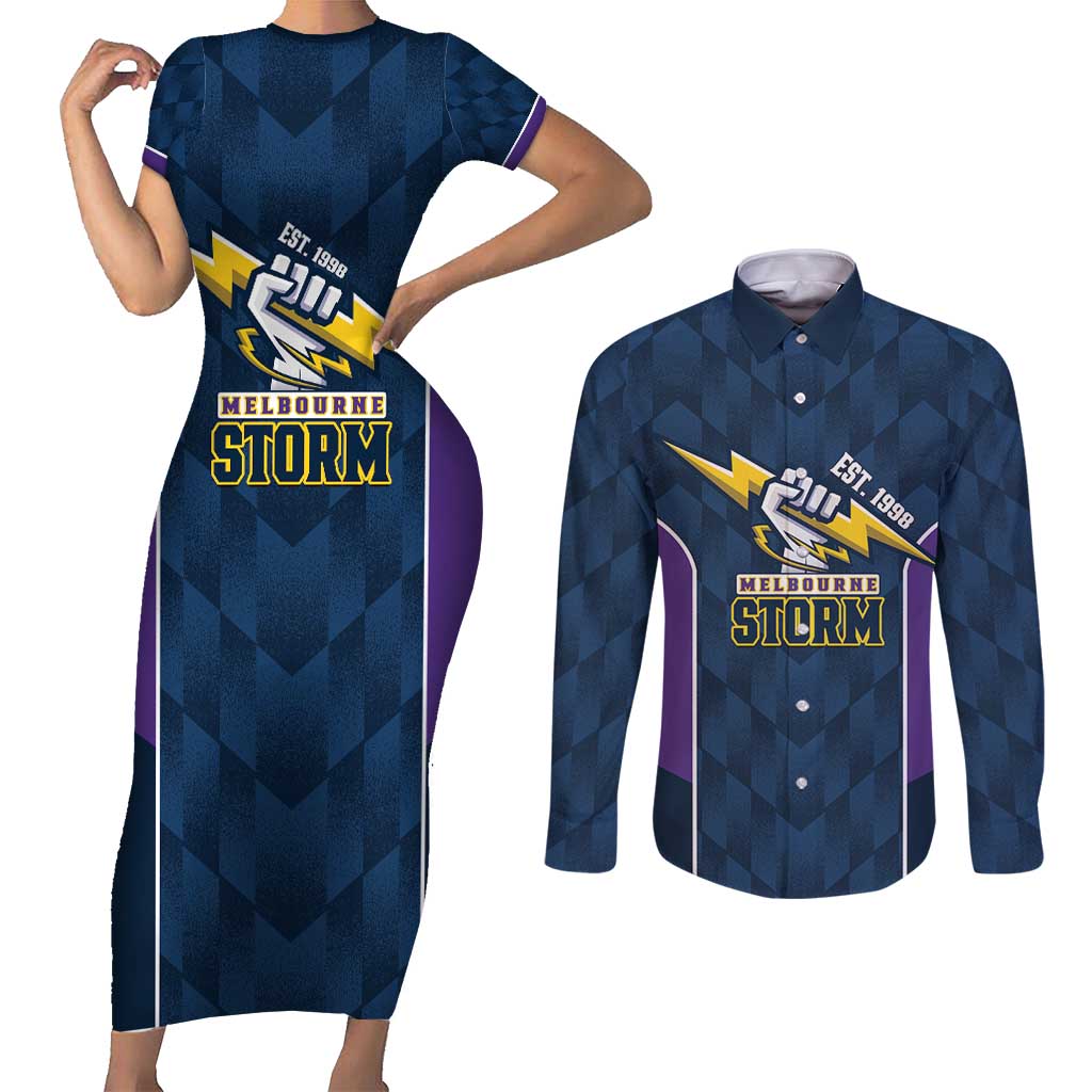 NRL Storm Rugby 2025 Custom Couples Matching Short Sleeve Bodycon Dress and Long Sleeve Button Shirt Est 1998 Sporty Style
