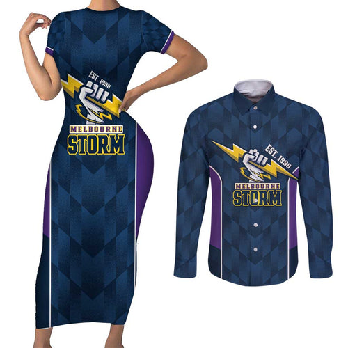 NRL Storm Rugby 2025 Custom Couples Matching Short Sleeve Bodycon Dress and Long Sleeve Button Shirt Est 1998 Sporty Style