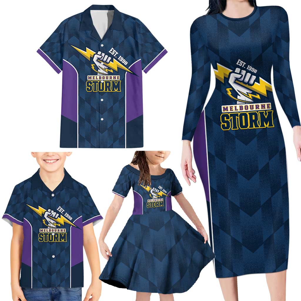 NRL Storm Rugby 2025 Custom Family Matching Long Sleeve Bodycon Dress and Hawaiian Shirt Est 1998 Sporty Style
