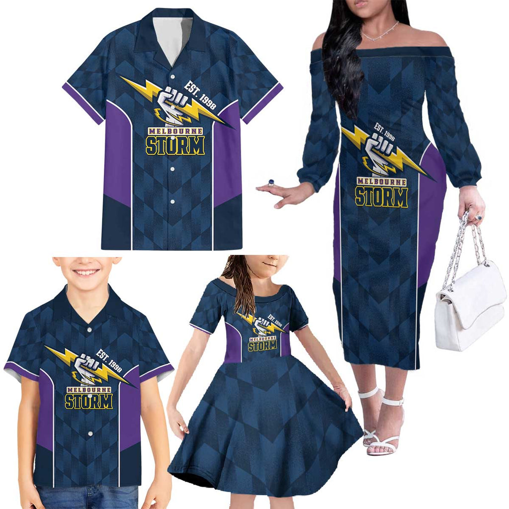NRL Storm Rugby 2025 Custom Family Matching Off The Shoulder Long Sleeve Dress and Hawaiian Shirt Est 1998 Sporty Style