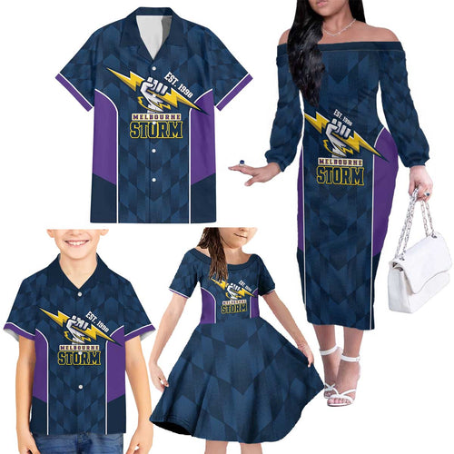 NRL Storm Rugby 2025 Custom Family Matching Off The Shoulder Long Sleeve Dress and Hawaiian Shirt Est 1998 Sporty Style