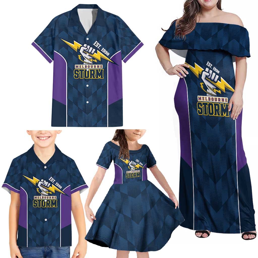NRL Storm Rugby 2025 Custom Family Matching Off Shoulder Maxi Dress and Hawaiian Shirt Est 1998 Sporty Style