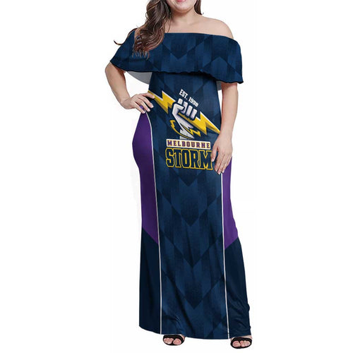 NRL Storm Rugby 2025 Custom Family Matching Off Shoulder Maxi Dress and Hawaiian Shirt Est 1998 Sporty Style