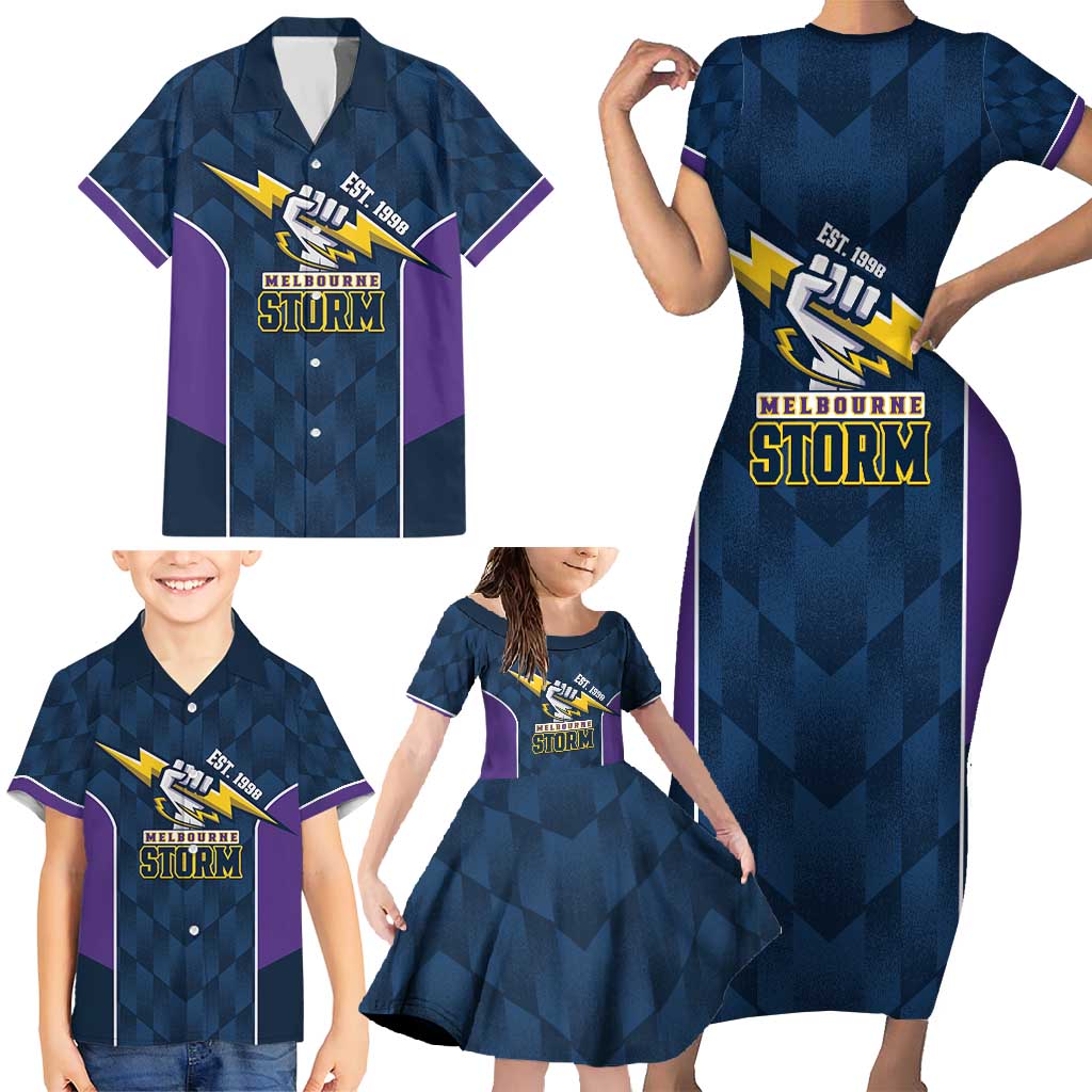 NRL Storm Rugby 2025 Custom Family Matching Short Sleeve Bodycon Dress and Hawaiian Shirt Est 1998 Sporty Style