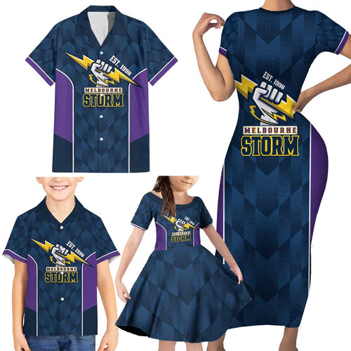 NRL Storm Rugby 2025 Custom Family Matching Short Sleeve Bodycon Dress and Hawaiian Shirt Est 1998 Sporty Style