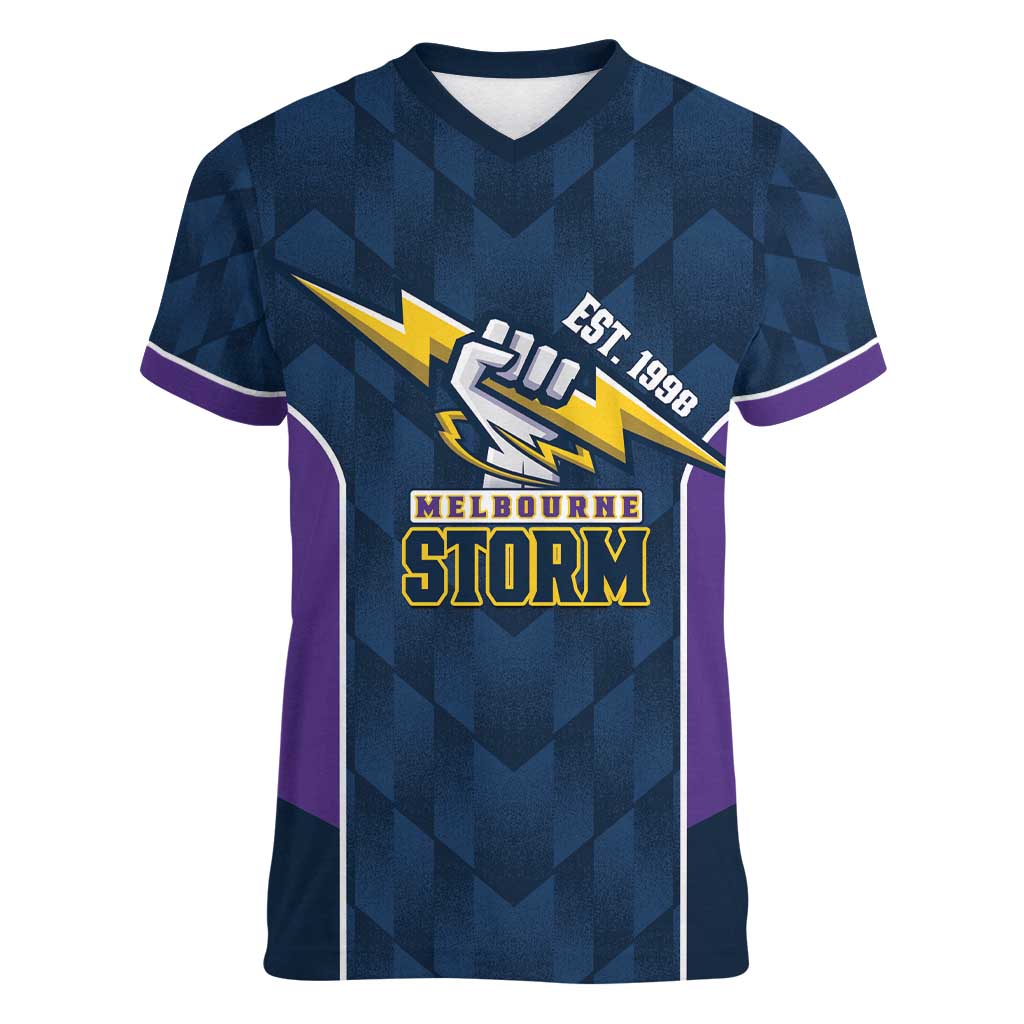 NRL Storm Rugby 2025 Custom Women V-Neck T-Shirt Est 1998 Sporty Style