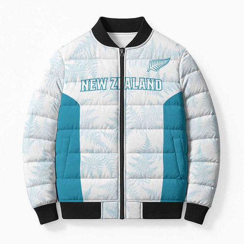 Custom New Zealand Silver Fern Football Bomber Puffer Jacket Come On All White - Aussie Hoodie